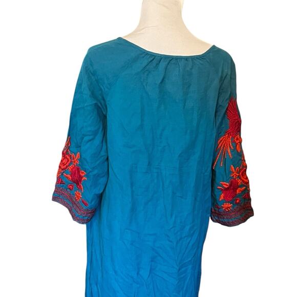 Soft Surroundings Bird Embroidered Midi Dress •M• Aztec Boho Kaftan Tassel Teal - Picture 6 of 13